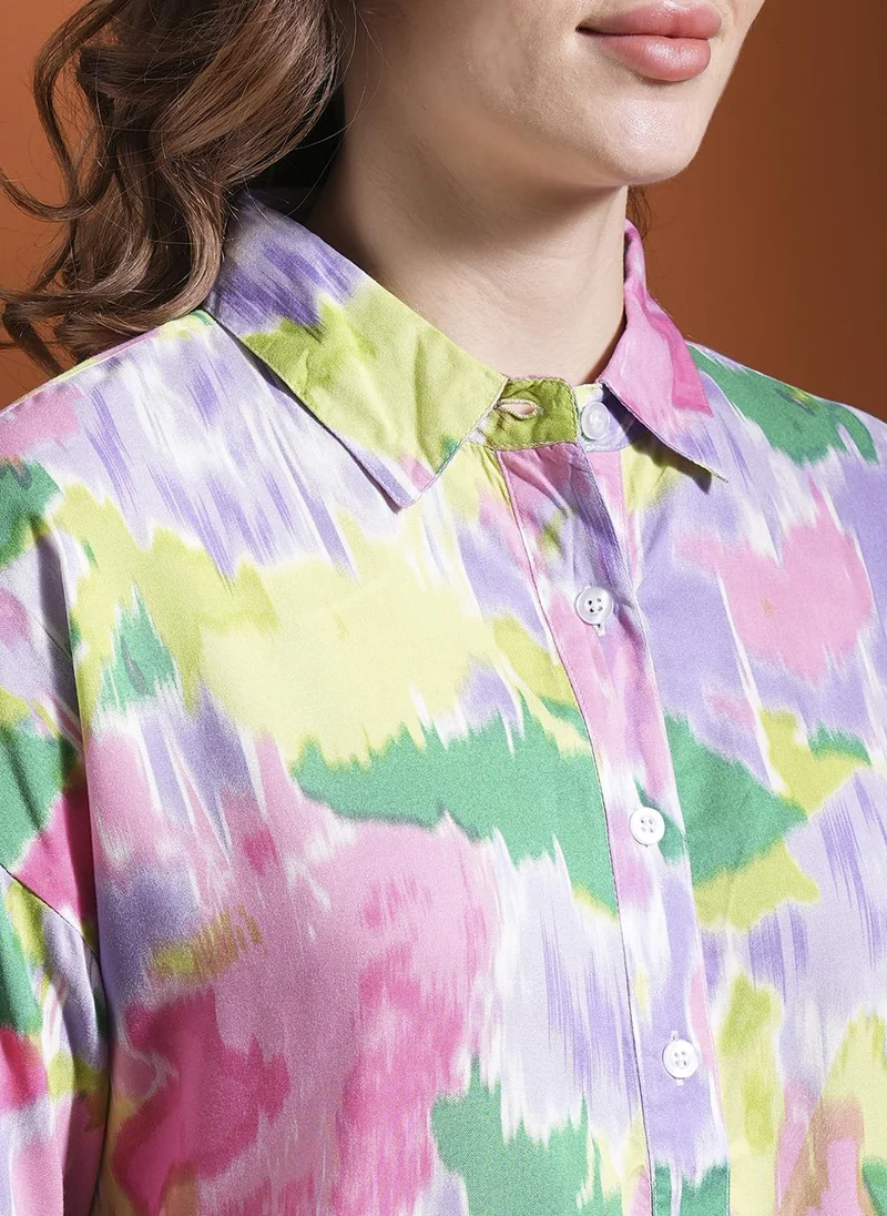 globus Globus Women Pink Tie Dye Long Sleeves Shirt With Short