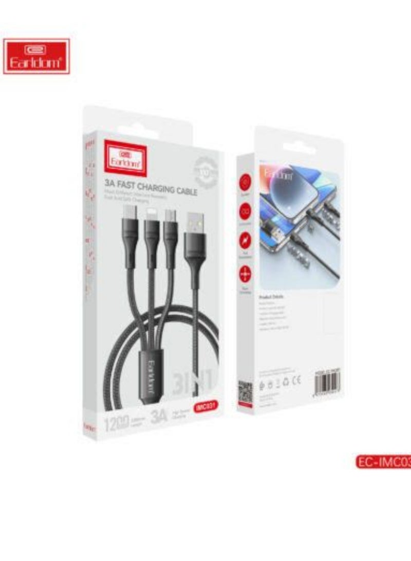 Earldom EC-IMC031 3 in 1 Multi-Purpose Nylon Braided Micro, Lightning and Type-C USB Fast Charging Cable - Image 2