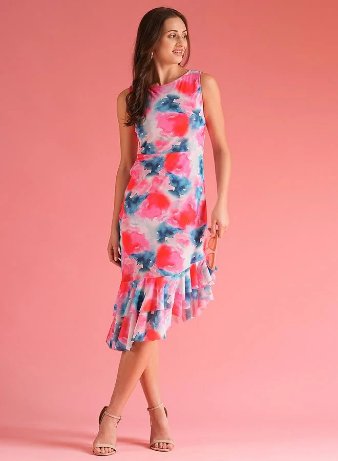 globus Globus Women Abstract Print Ruffled Asymmetric Hem Sheath Midi Dress