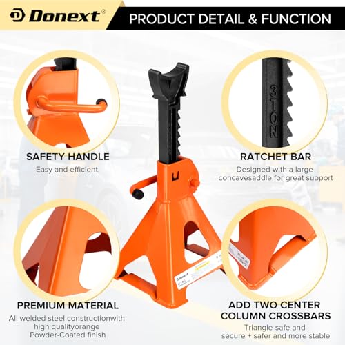 Donext Jack Stands 3 Ton (6,500 lb) Capacity Steel, 1 Pair Orange Lifting Stand Adjustable Jack Stands - Image 4