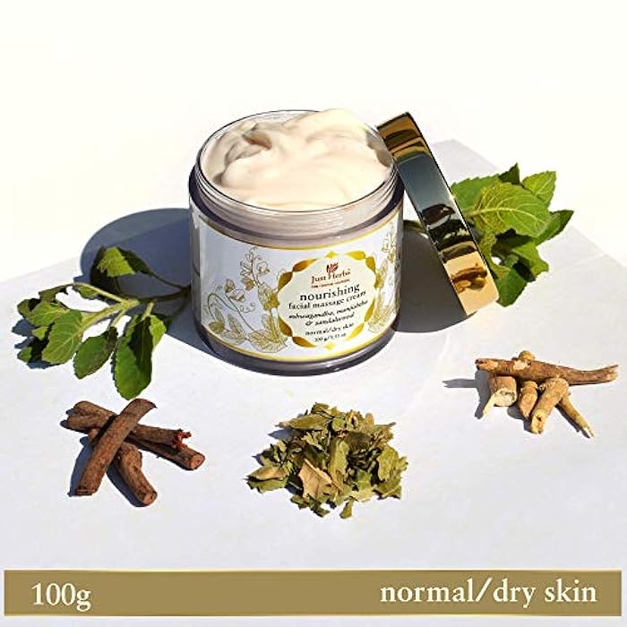 Just Herbs كريم تدليك وجه مغذي بالأعشاب العضوية من جاست هيربز مع الأشواغاندا والصندل للرجال والنساء - مناسب للبشرة العادية إلى الجافة، 100 جرام - Image 3