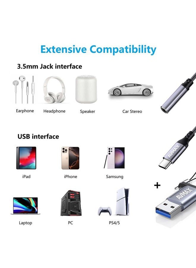 Avmax USB C to 3.5mm Audio Headphone Adapter,Type c to Aux Female Cable for iPhone 16 15 Plus Pro Max iPad, S24 S23 S22 S21 S20 Ultra Pixel MacBook and More Type c Devices (Gray) - Image 2