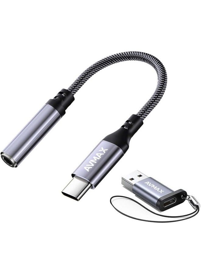 Avmax USB C to 3.5mm Audio Headphone Adapter,Type c to Aux Female Cable for iPhone 16 15 Plus Pro Max iPad, S24 S23 S22 S21 S20 Ultra Pixel MacBook and More Type c Devices (Gray) - Image 1