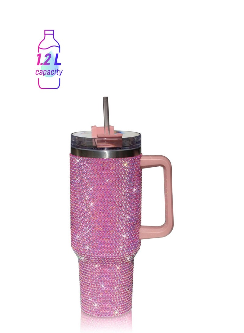 ارواق كوب بسعة 40 أونصة مزود بمقبض وغطاء مرصع وقش معزول من الفولاذ المقاوم للصدأ بجدار مزدوج وكوب ماء للسفر وزجاجة مياه للنساء (40 أونصة 1200 مل) - Image 1