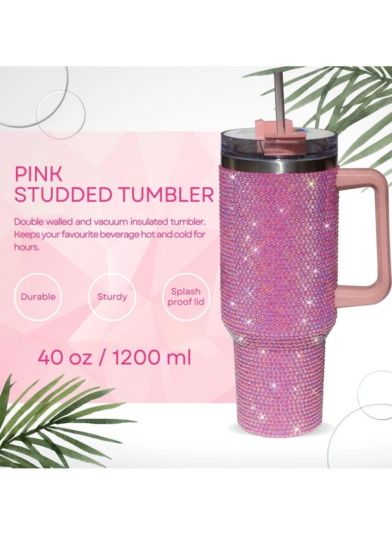 ارواق كوب بسعة 40 أونصة مزود بمقبض وغطاء مرصع وقش معزول من الفولاذ المقاوم للصدأ بجدار مزدوج وكوب ماء للسفر وزجاجة مياه للنساء (40 أونصة 1200 مل) - Image 2