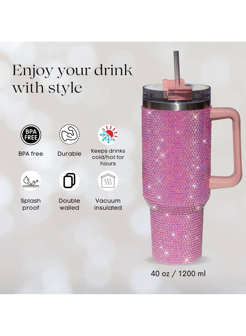 ارواق كوب بسعة 40 أونصة مزود بمقبض وغطاء مرصع وقش معزول من الفولاذ المقاوم للصدأ بجدار مزدوج وكوب ماء للسفر وزجاجة مياه للنساء (40 أونصة 1200 مل) - Image 4