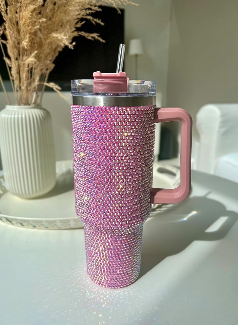 ارواق كوب بسعة 40 أونصة مزود بمقبض وغطاء مرصع وقش معزول من الفولاذ المقاوم للصدأ بجدار مزدوج وكوب ماء للسفر وزجاجة مياه للنساء (40 أونصة 1200 مل) - Image 5