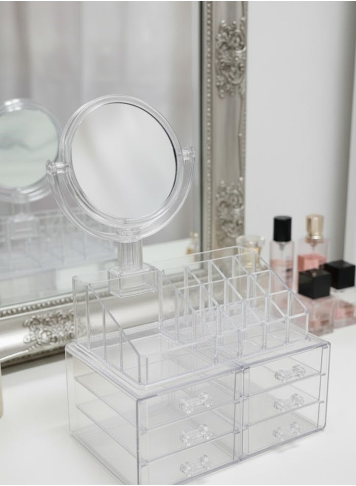 Makeup Organizer with 360 Degree Rotating Magnifying Mirror Double Sided Mirror Magnifying and Magnifying Mirror Round Plain Suitable for Bedroom and Bathroom Acrylic Multi-Tier Makeup Organizer with Layer - Image 1