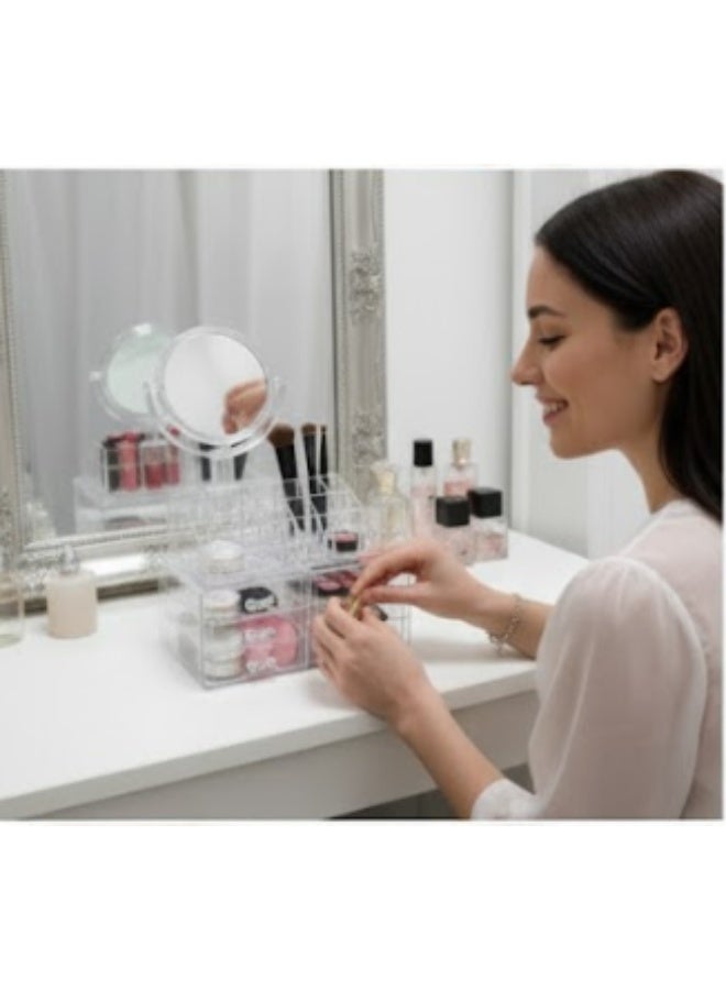 Makeup Organizer with 360 Degree Rotating Magnifying Mirror Double Sided Mirror Magnifying and Magnifying Mirror Round Plain Suitable for Bedroom and Bathroom Acrylic Multi-Tier Makeup Organizer with Layer - Image 2