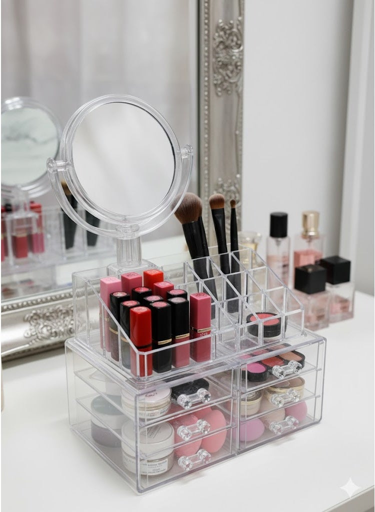Makeup Organizer with 360 Degree Rotating Magnifying Mirror Double Sided Mirror Magnifying and Magnifying Mirror Round Plain Suitable for Bedroom and Bathroom Acrylic Multi-Tier Makeup Organizer with Layer - Image 3