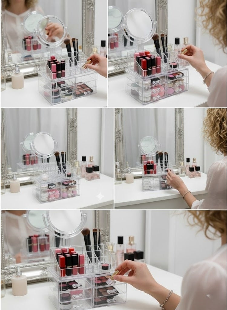 Makeup Organizer with 360 Degree Rotating Magnifying Mirror Double Sided Mirror Magnifying and Magnifying Mirror Round Plain Suitable for Bedroom and Bathroom Acrylic Multi-Tier Makeup Organizer with Layer - Image 4