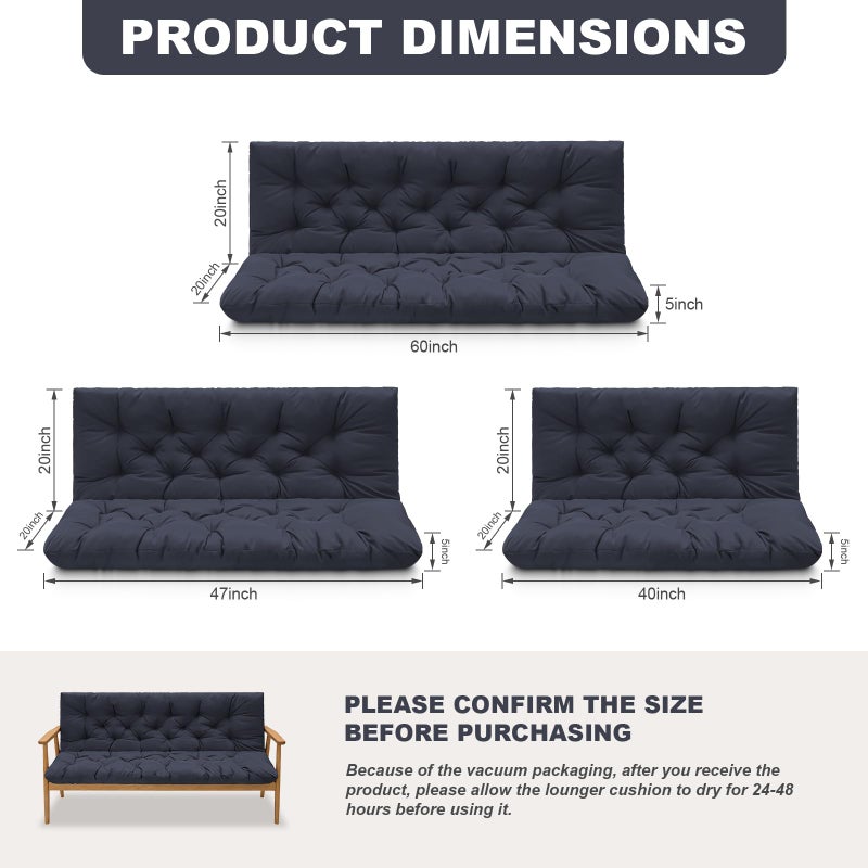 GPQAWER Outdoor Swing Cushions,Waterproof Swing Cushions 3 Seater Replacement with Backrest,Outdoor Thickened Bench Cushion with Ties for Porch,Patio,Backyard,Garden (Navy Blue 60 * 40 in) - Image 2