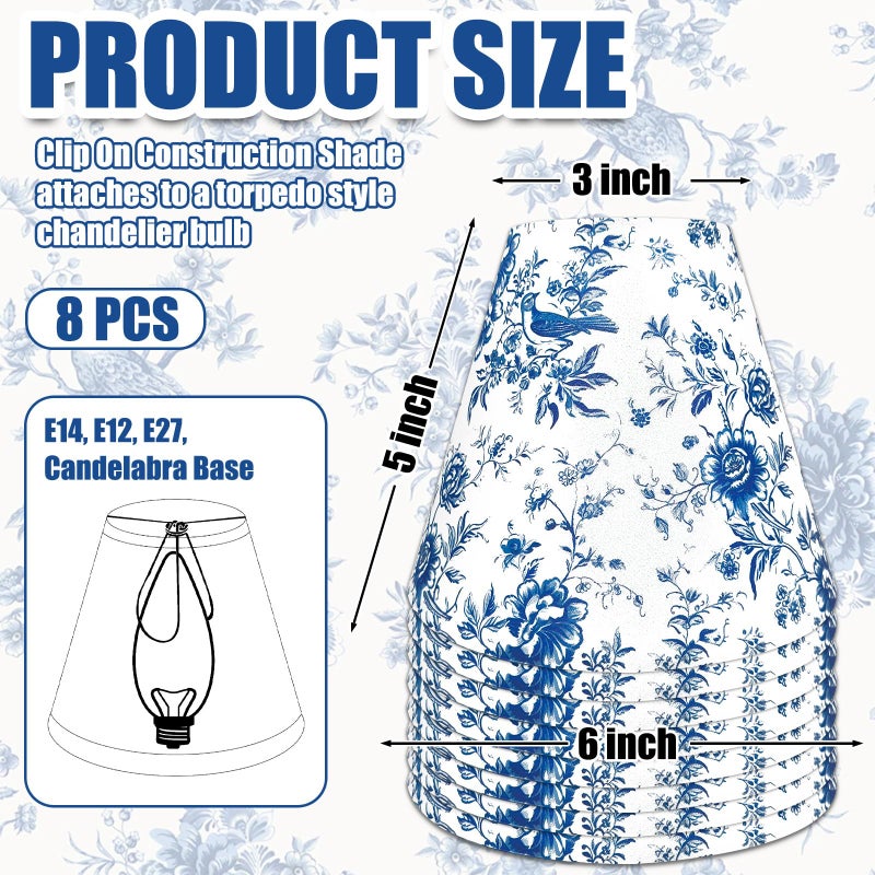 BUAEL Set of 8 Small Chandelier Shade French Countryside Toile Shade 3" x 6" x 5" Lamp Chimney Cover for Table Chandelier Wall Lamp (Blue-Style 1) - Image 2