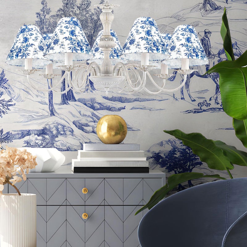 BUAEL Set of 8 Small Chandelier Shade French Countryside Toile Shade 3" x 6" x 5" Lamp Chimney Cover for Table Chandelier Wall Lamp (Blue-Style 1) - Image 5