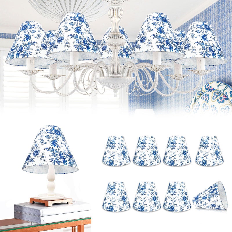 BUAEL Set of 8 Small Chandelier Shade French Countryside Toile Shade 3" x 6" x 5" Lamp Chimney Cover for Table Chandelier Wall Lamp (Blue-Style 1) - Image 1