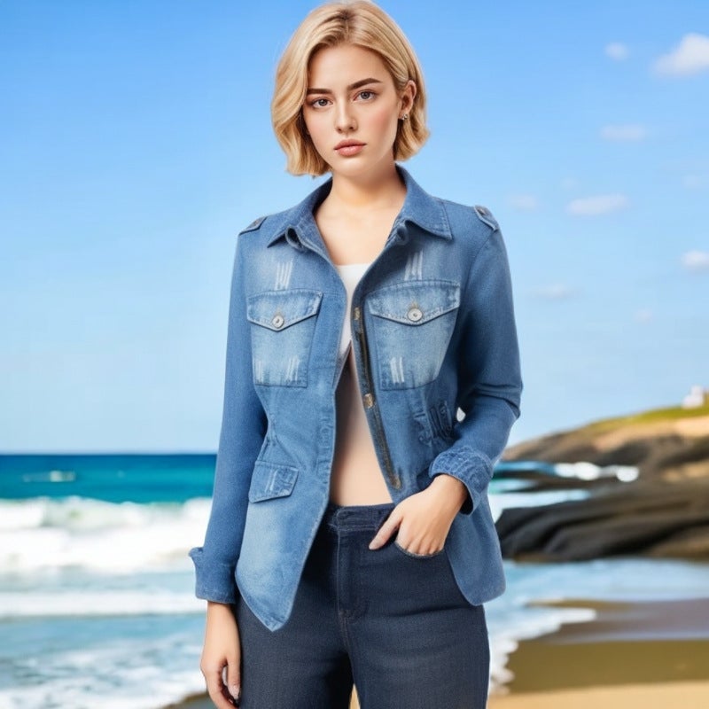 Ladies Slim Fit Denim Jacket Blue - Image 4