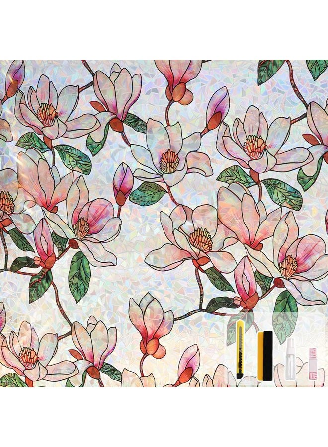Kromapolis Window Privacy Film, Stained Glass Sticker Floral Window Clings, Decorative Static Clings UV Blocking Colorful Decals, Removable Vinyl Covering Rainbow Magnolia Flowers, 35.4'' x 78.7'' - Image 1