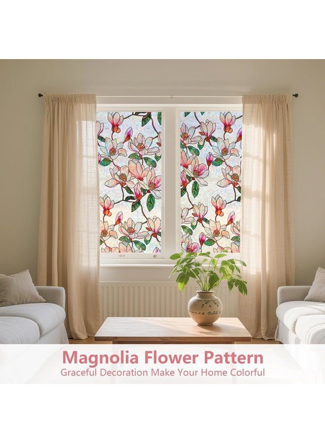 Kromapolis Window Privacy Film, Stained Glass Sticker Floral Window Clings, Decorative Static Clings UV Blocking Colorful Decals, Removable Vinyl Covering Rainbow Magnolia Flowers, 35.4'' x 78.7'' - Image 2