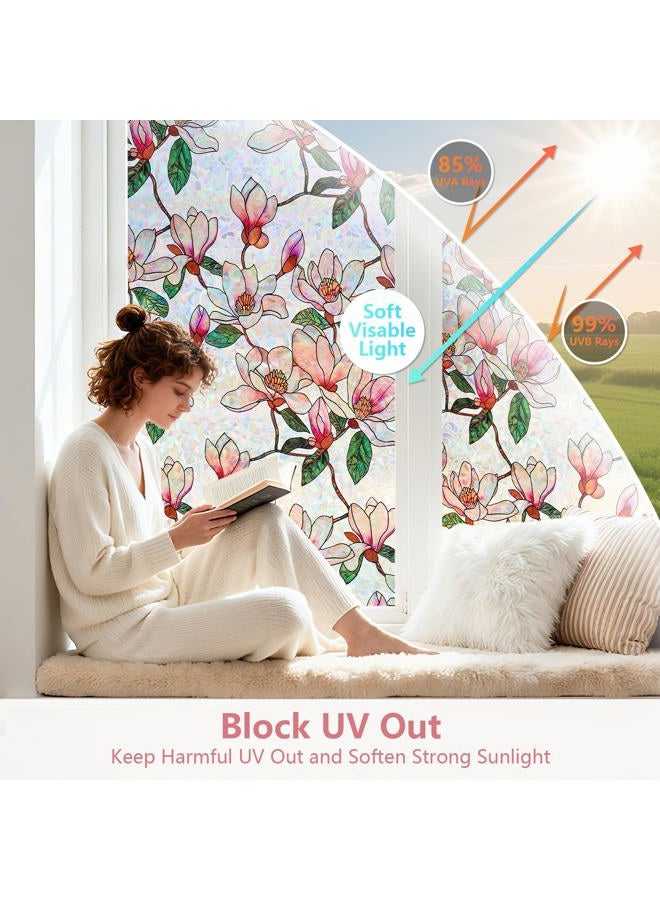 Kromapolis Window Privacy Film, Stained Glass Sticker Floral Window Clings, Decorative Static Clings UV Blocking Colorful Decals, Removable Vinyl Covering Rainbow Magnolia Flowers, 35.4'' x 78.7'' - Image 3