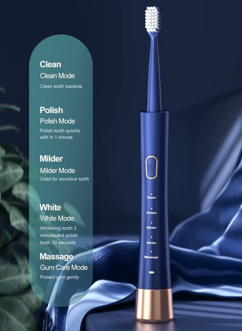 PX7 Waterproof  Electric Toothbrush, 2-Hour Fast Charge with Intelligent Time Reminder, 5 Modes, 8 Brush Heads, Travel, Indoor, Outdoor, Blue - Image 2