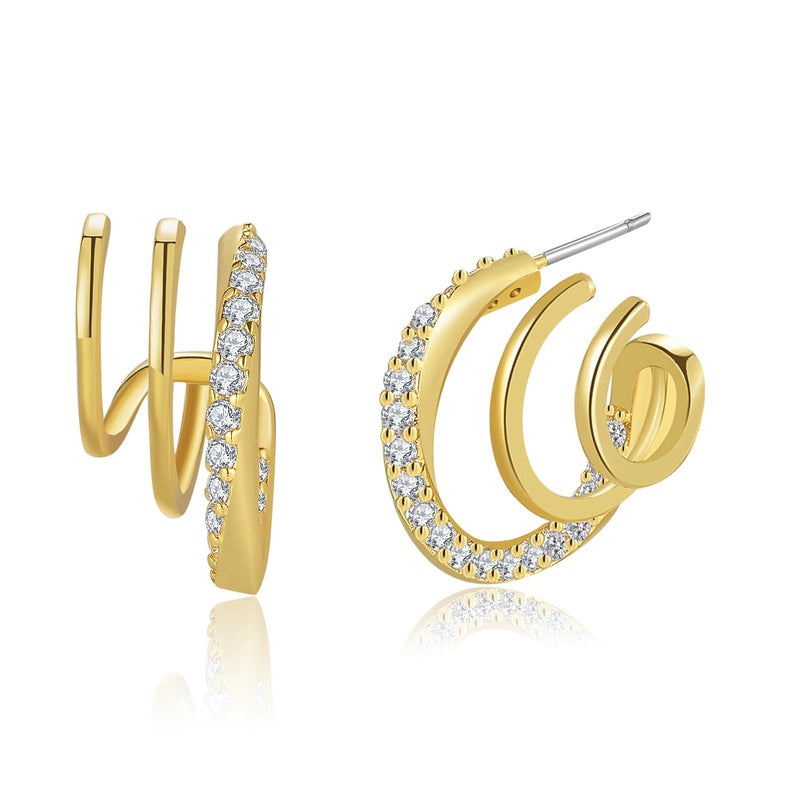 Obidos 14K Gold Plated Triple Huggie Illusion Stud Earrings | Gold Hoop Earrings for Women - Image 1