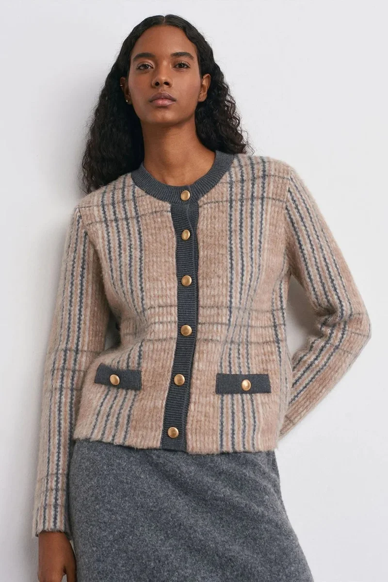 DILVIN Plaid Jacquard Crew Neck Cardigan