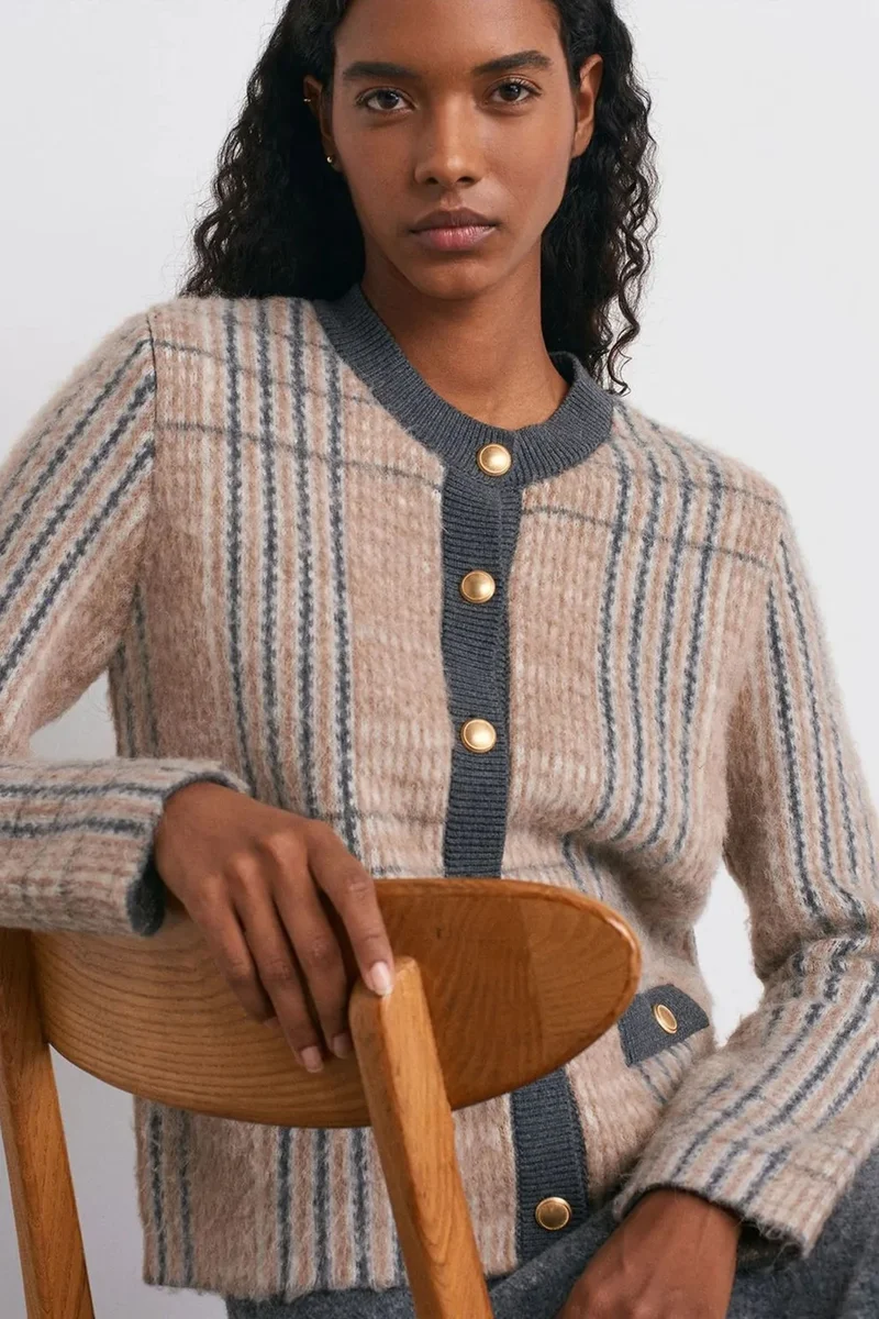 Dilvin Multicolor DILVIN Plaid Jacquard Crew Neck Cardigan for Women | Best Price UAE