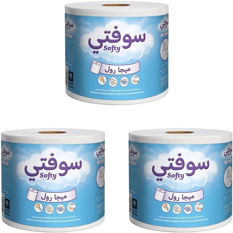 Softy Kitchen Paper Towel, Mega Roll Tissue, 1 Roll x 300 Meters, High Absorbency for Multi Purpose (Pack of 3)