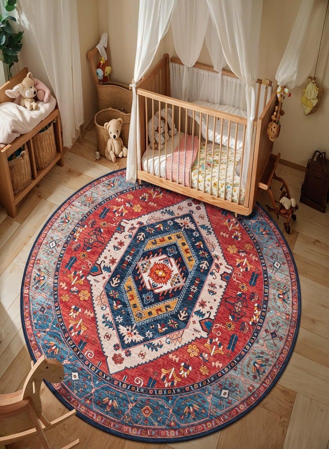 SERISSA Boho Round Area Rug, 4ft Washable Non-Slip Circle Rug, Ultra Soft Oriental Vintage Rust Low-Pile Small Circular Carpet for Bedroom Entryway Kids Room Office College Dorm Living Room - Image 5