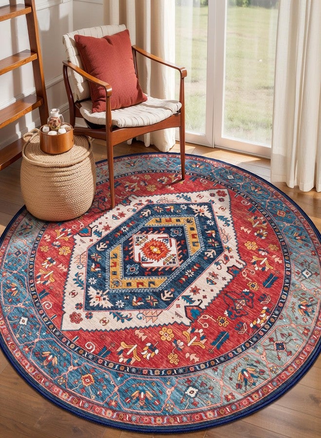 SERISSA Boho Round Area Rug, 4ft Washable Non-Slip Circle Rug, Ultra Soft Oriental Vintage Rust Low-Pile Small Circular Carpet for Bedroom Entryway Kids Room Office College Dorm Living Room - Image 1