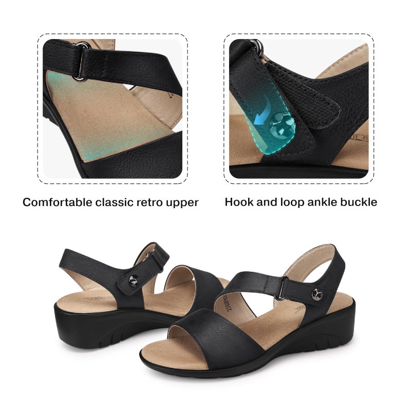 SHIBEVER Women's Low Wedge Heel Black Sandals Dressy Summer Comfortable Ankle Strap Sandals Open Toe Causal Platform Shoes Size 8 - Image 4