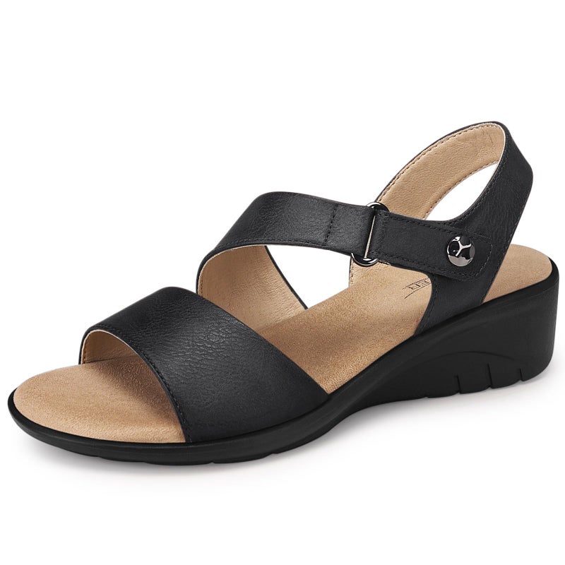 SHIBEVER Women's Low Wedge Heel Black Sandals Dressy Summer Comfortable Ankle Strap Sandals Open Toe Causal Platform Shoes Size 8 - Image 1