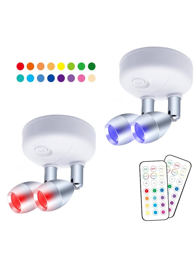 SYOSI 2 Pack Dual Head Battery Operated Spotlights with Remote 13 Color Dimmable and Brightness Accent Lights Indoor Wireless RGB LED Spot Light with 360 Degrees Rotatable Head Stick on Wall Hallway White - Image 1