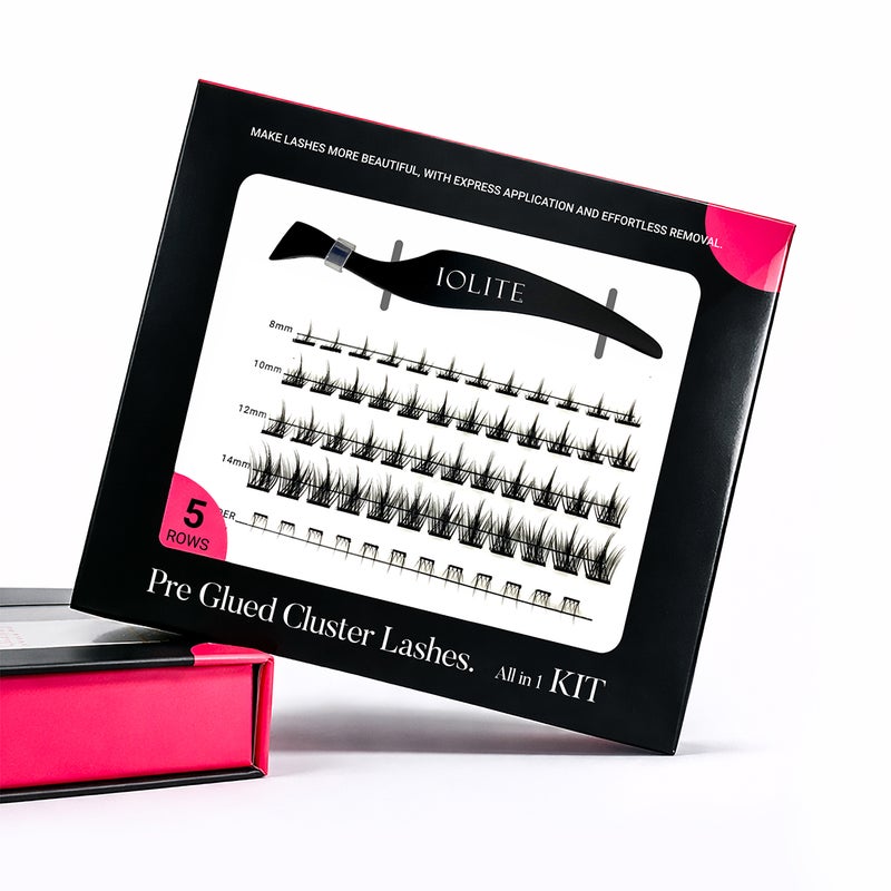DIY Lash Clusters – Iolite Pre-Glued Premade Lash Kit, Self-Adhesive Russian Eyelash Extensions Fluffy Wispy Cat Eye False Lashes Premade Volume & Classic Clusters Easy Apply with Tweezers, Reusable