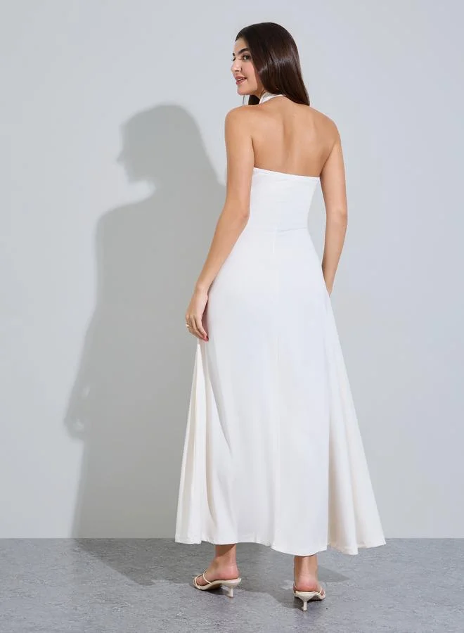 Styli ivory Off White Halter Neck A-Line Maxi Dress for Women | Best Price UAE