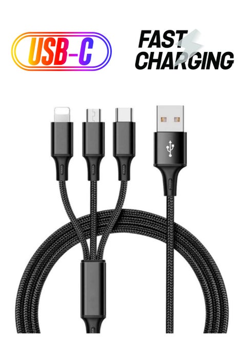 Nylon 3 in 1 fast Charging Cable for Type-C, Micro and iPhone Pins,Smart Charge 3 Port Data Charging Cable,power line(3 in 1 cable)