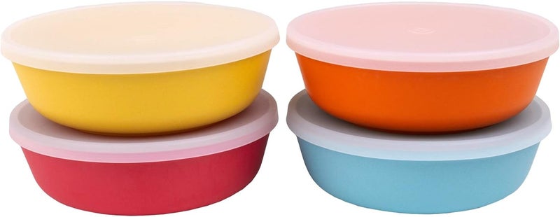 WeeSprout Bamboo Kids Bowls with Lids Set of Four 15 oz KidSized Bamboo Bowls Bamboo Kid Bowls with Lids for Leftovers Dishwasher Safe Blue Yellow Orange  Red - Image 1