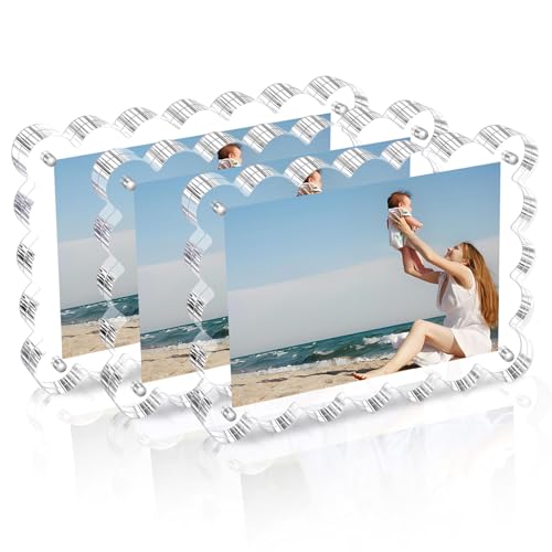 Chivalral 3 Pack Acrylic Picture Frame: 4x6inch Magnetic Picture Frames, Double Sided Magnet Frames,10+10mm Thick Block, Clear Photo Scalloped Frames Freestanding for Desktop Display - Image 1
