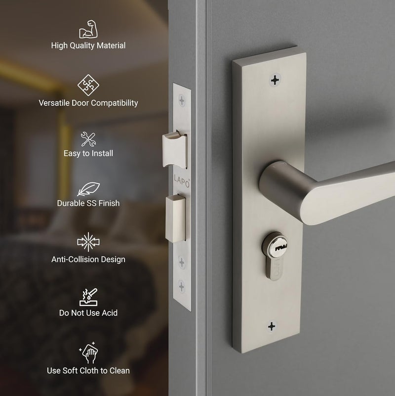 LAPO LAPO Door Lock for Main Door Mortise Door Lock for Home Door Lock Handle Set for Bedroom Mortise Handle Set with 3 Brass Keys Satin Matt Finish 3 Years Warranty RO160CY  - Image 5