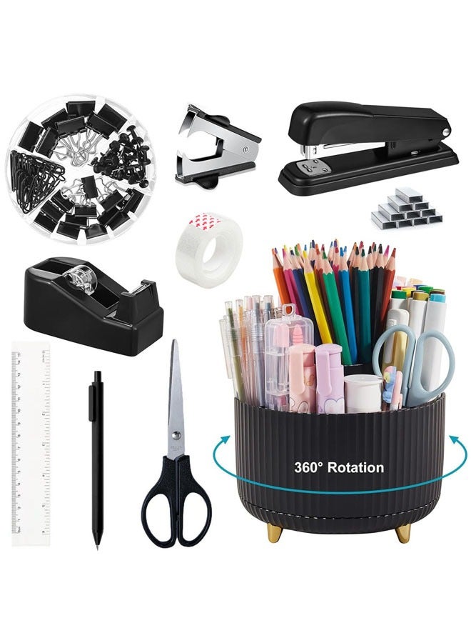 Hihonor Desk Organizers and Accessories 10Pcs Set with 360-Degree Rotating Pen Holder, Tape Dispenser, Stapler, Staple Remover, 1000 Staples, Tape, Clips Set, Ruler, Scissor, Pen (Black)  - Image 1