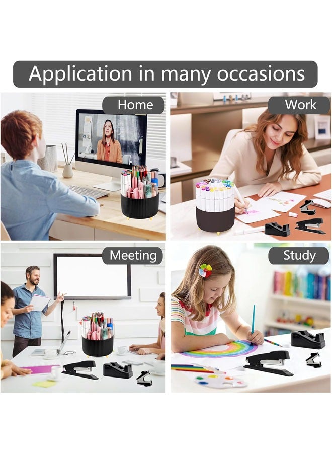 Hihonor Desk Organizers and Accessories 10Pcs Set with 360-Degree Rotating Pen Holder, Tape Dispenser, Stapler, Staple Remover, 1000 Staples, Tape, Clips Set, Ruler, Scissor, Pen (Black)  - Image 5