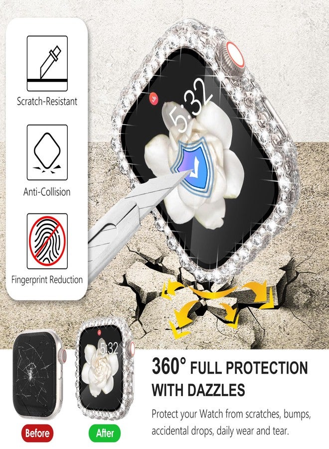 WINGLE 2 in 1 Waterproof Case for Apple Watch 45mm Screen Protector Case Series 9 8 7, Bling Lace Edge Diamond Face Cover Full Glitter Rhinestone Protective Bumper for iWatch Women, 45 mm Clear - Image 4