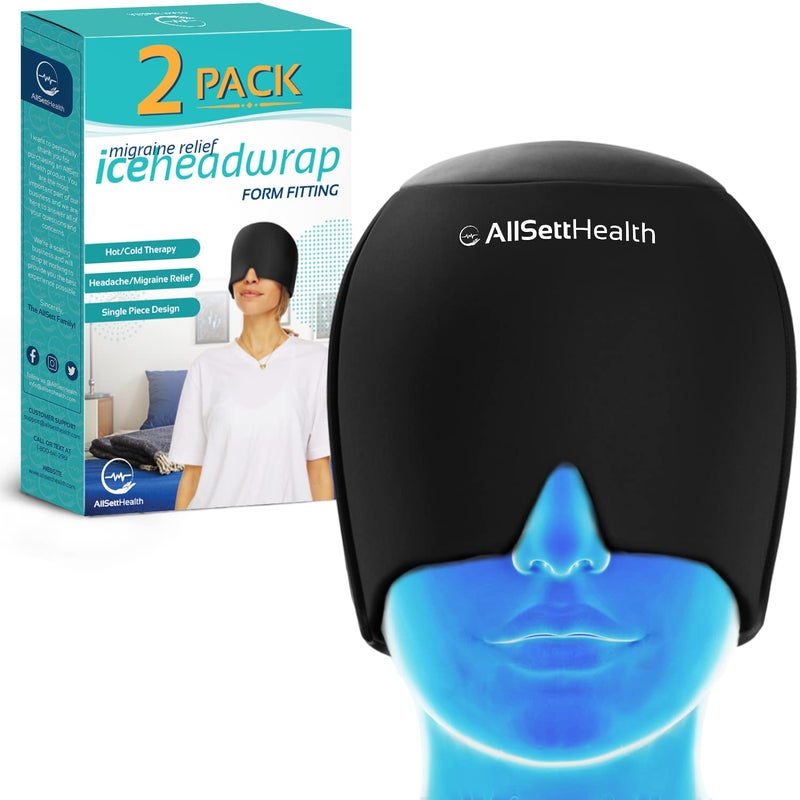 AllSett Health طقم مكون من 2 قبعة لتخفيف الصداع النصفي مع غلاف رأس ثلجي وحزمة جل ساخن وبارد مع قناع للوجه والعين لتخفيف الصداع باللون الأسود 2 طقم - Image 3