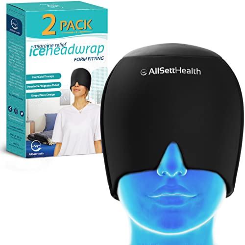 AllSett Health طقم مكون من 2 قبعة لتخفيف الصداع النصفي مع غلاف رأس ثلجي وحزمة جل ساخن وبارد مع قناع للوجه والعين لتخفيف الصداع باللون الأسود 2 طقم - Image 2