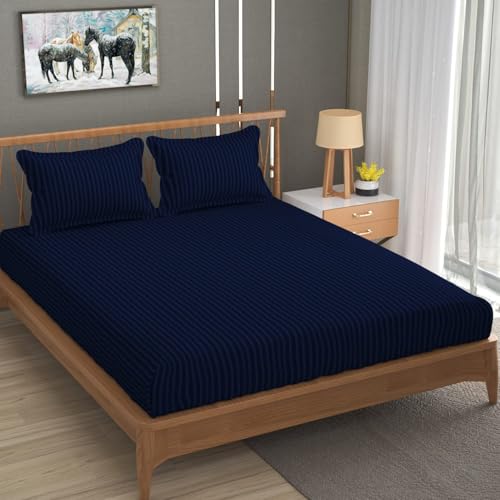 Blue Strip 220 TC Glace Cotton Satin Stripes Plain King Size Bedsheet for Double Bed with Two Pillow Covers for Home/Hotels/Guest House,Size-90x90 Inches(Flat) (Blue) - Image 2