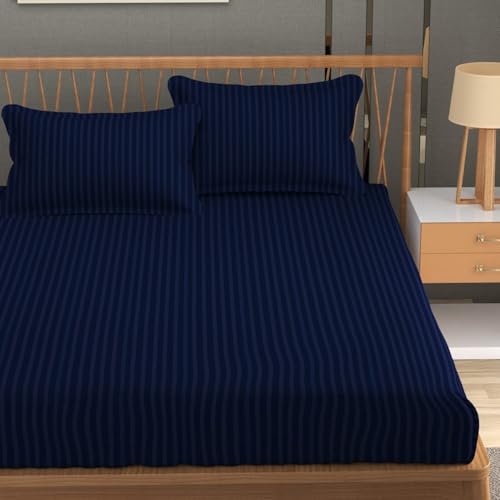 Blue Strip 220 TC Glace Cotton Satin Stripes Plain King Size Bedsheet for Double Bed with Two Pillow Covers for Home/Hotels/Guest House,Size-90x90 Inches(Flat) (Blue) - Image 1