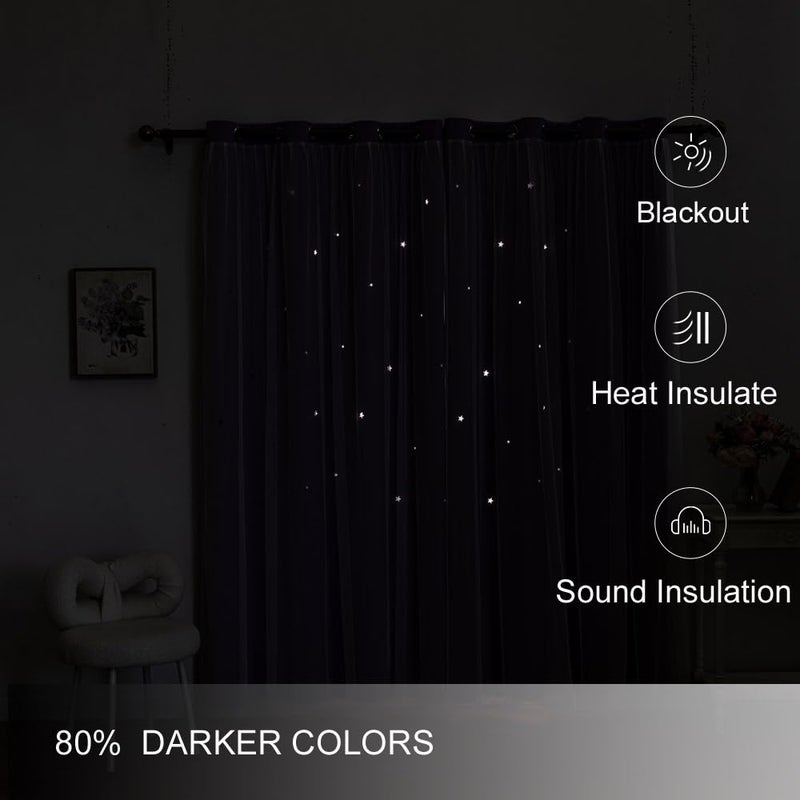 FANLI Ombre Rainbow Blackout Curtains for Kid Girls Bedroom Living Room Darking Stripe Double Layer Star Cut Out Wall Home Decor Gradient Grommet Window Curtains (Purple 84L) - Image 3