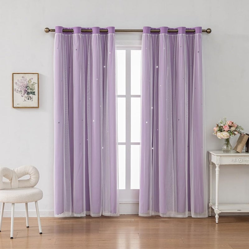 FANLI Ombre Rainbow Blackout Curtains for Kid Girls Bedroom Living Room Darking Stripe Double Layer Star Cut Out Wall Home Decor Gradient Grommet Window Curtains (Purple 84L) - Image 1