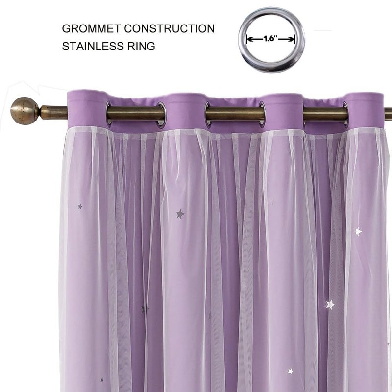 FANLI Ombre Rainbow Blackout Curtains for Kid Girls Bedroom Living Room Darking Stripe Double Layer Star Cut Out Wall Home Decor Gradient Grommet Window Curtains (Purple 84L) - Image 2