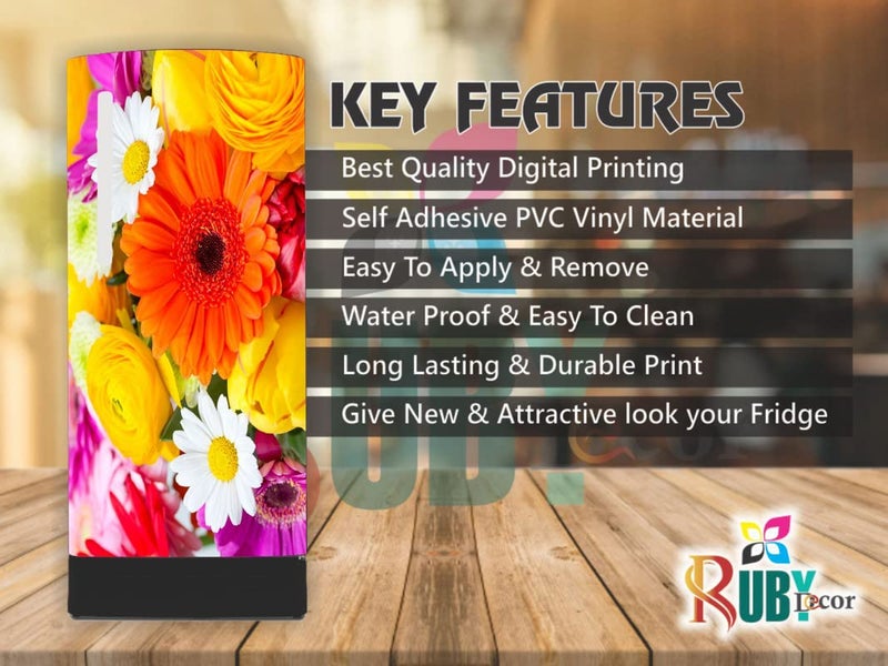 PVC Vinyl Fridge Sticker - Decorative Multicolor Flowers & Leaf Design - Peel and Stick Refrigerator Door Wrap for Home - 120 cm x 60 cm or 48 X 24 Inches, Yellow,Pink